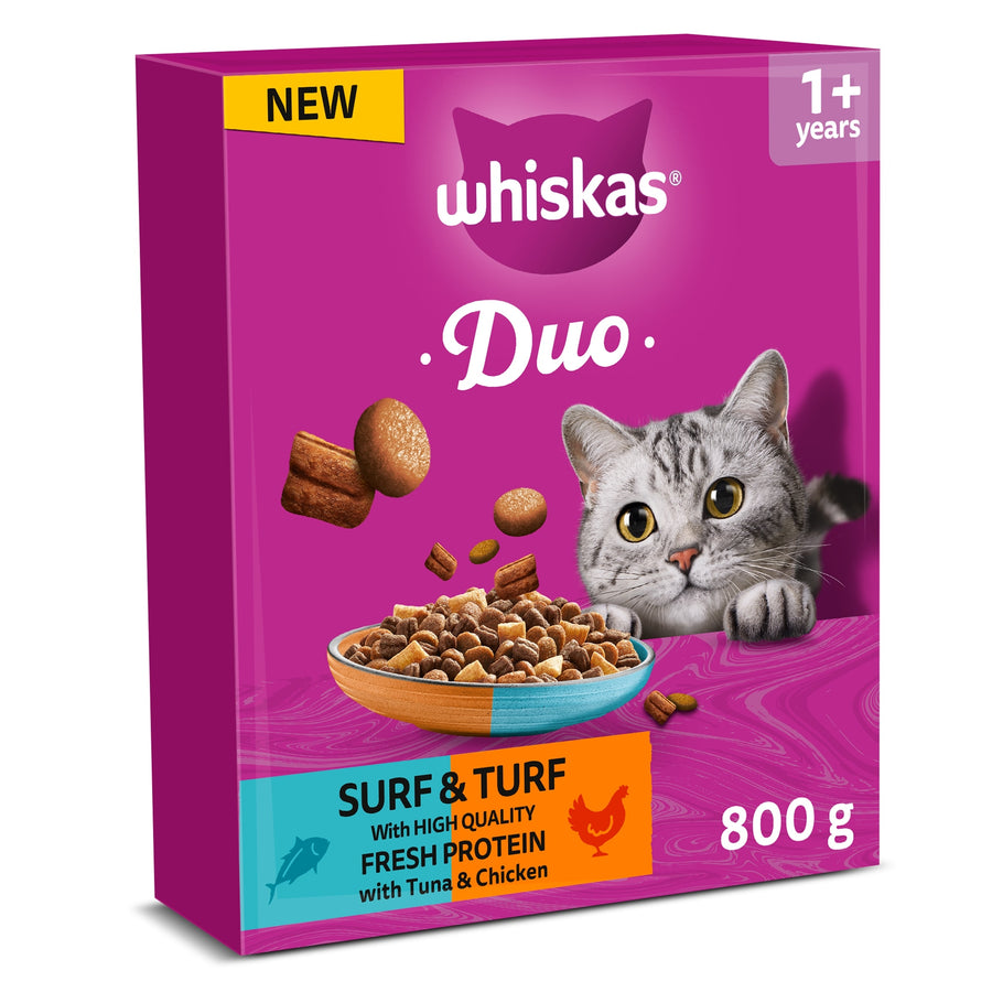 WHISKAS DUO 1+ Years Cat Complete Dry with Surf & Turf Tuna and Chicken 800g