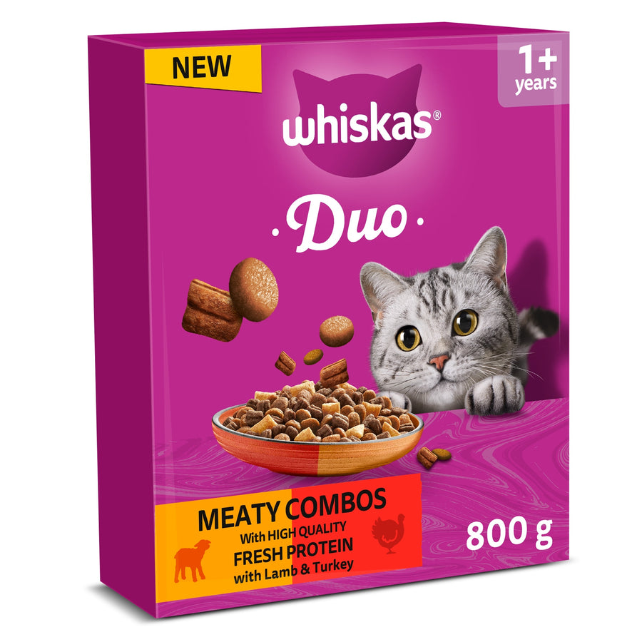 WHISKAS DUO 1+ Years Cat Complete Dry with Meaty Combos Lamb and Turkey 800g