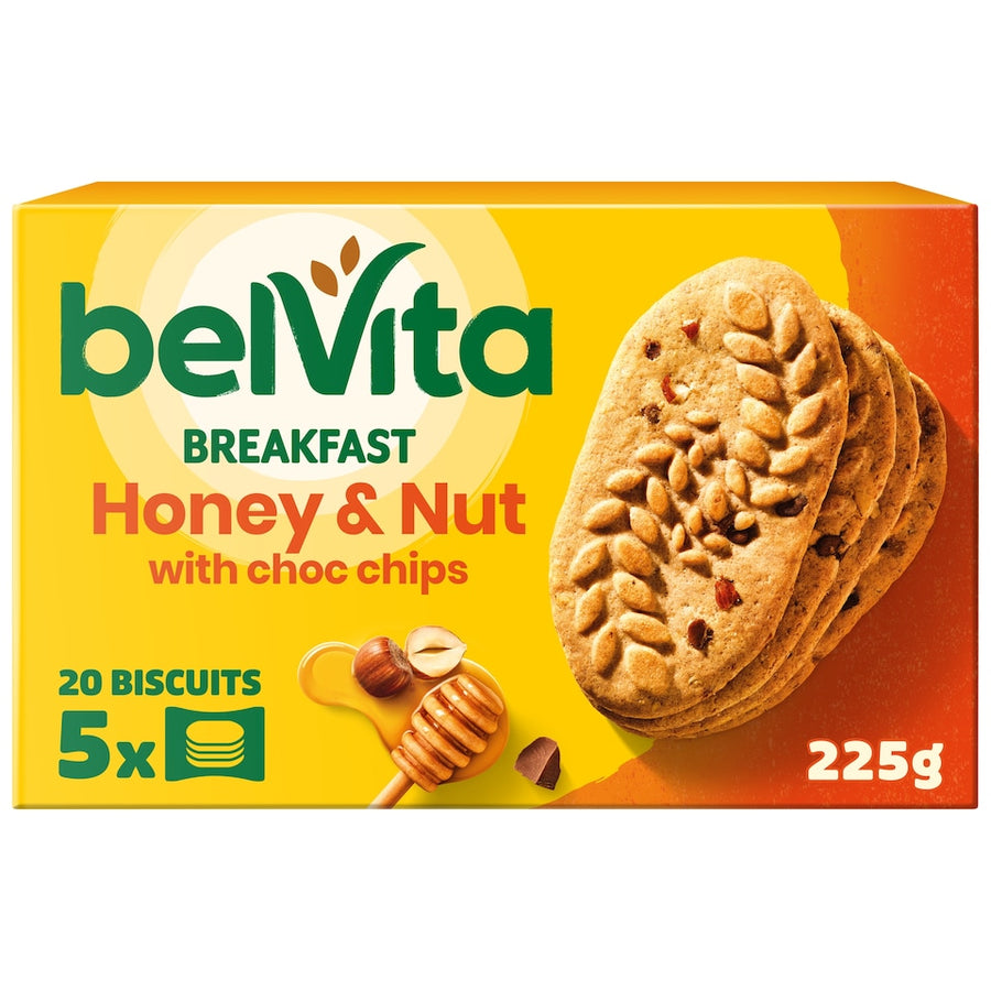 Belvita Breakfast Honey & Nut with Chocolate Chip Cereal Biscuit Snack Bars Pack 5 x 45g