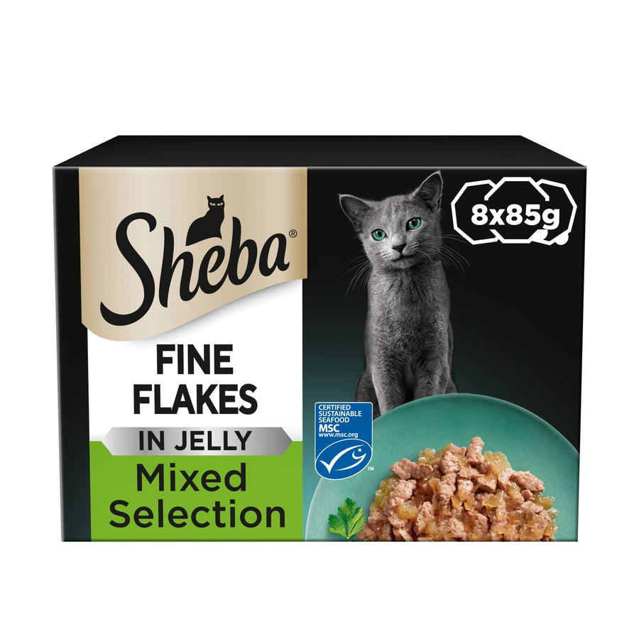 Sheba Fine Flakes Cat Food Trays Chicken & Salmon Jelly 8x85g