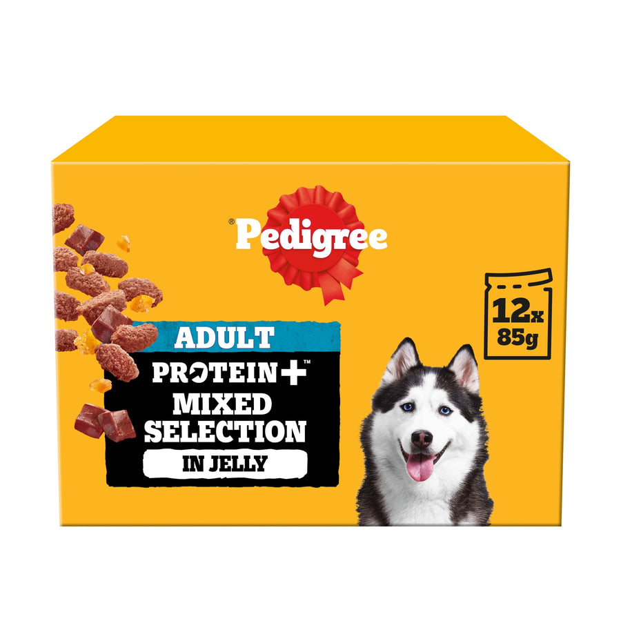 PEDIGREE Protein plus Adult Wet Dog Food Pouches Mixed Selection in Jelly 12x85g