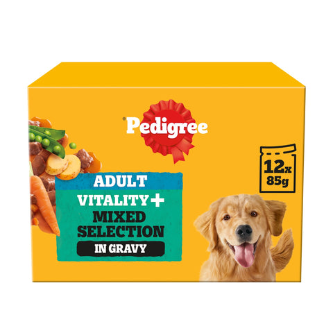 PEDIGREE Vitality plus Adult Wet Dog Food Pouches Mixed Selection in Gravy 12x85g