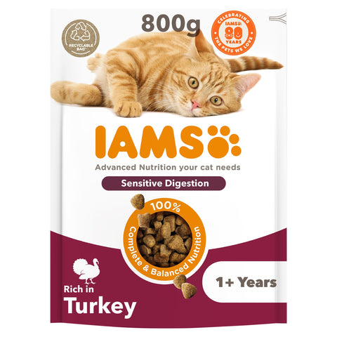 IAMS Adult Sensitive Dry Cat Food Turkey 800g