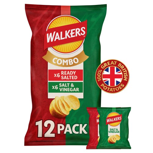 Walkers Ready Salted, Salt Vinegar Variety Multipack Crisps 12 x 25g (Pack 3)
